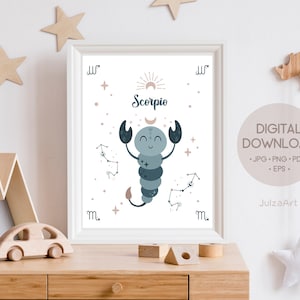 Pôster de Escorpião para imprimir, pôster do zodíaco de Escorpião, signo do zodíaco, impressão do zodíaco, chá de bebê do zodíaco, cartão de bebê, download digital