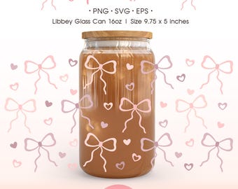 Coquette Bow Glass Can Wrap PNG, Ribbon and Heart Libbey Cup Wrap SVG, Coquette  Tumbler Design, Soft Girl Era, Cute Iced Coffee Cup Wrap