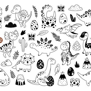 May include: Black and white line art illustrations of dinosaurs, eggs, cacti, and other jungle-themed elements.  The illustrations are in a cartoon style and are perfect for use in crafting projects, scrapbooking, or digital design.