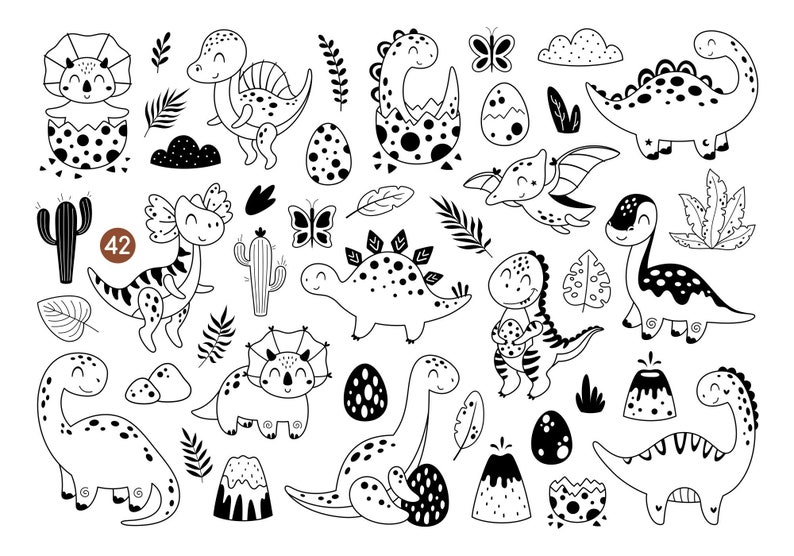 May include: Black and white line art illustrations of dinosaurs, eggs, cacti, and other jungle-themed elements.  The illustrations are in a cartoon style and are perfect for use in crafting projects, scrapbooking, or digital design.