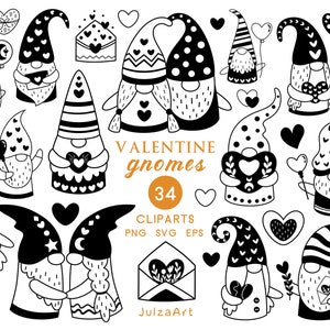 Gnome clipart, Valentines Day svg, Valentine Gnome svg, Black and white gnome png, Love svg, Gnome doodle, Digital download, Commercial use