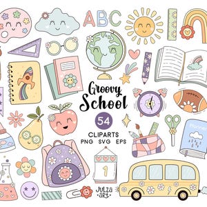 Volta às aulas svg, Clipart retrô da escola, PNG da escola Groovy, Material escolar svg, Professor Groovy svg, Clipart de educação, Designs de sublimação