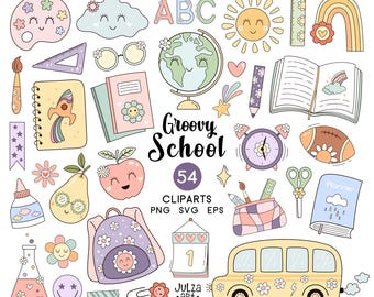 Back to School Clipart: Retro School Supplies SVG, Groovy Teacher PNG, Education Print
