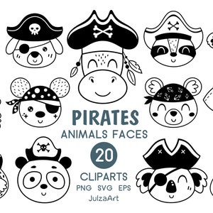 Pirata svg, Rostos de animais piratas clipart, Animal svg preto e branco, Marinheiro animal png, Chá de bebê, Download digital, Uso comercial