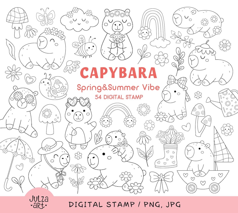 Spring Capybara Printable Kawaii Capybara Digital Stamp, Spring Coloring Page, Summer Season ...
