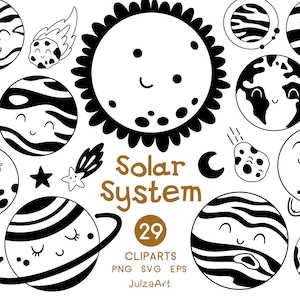 Zonnestelsel svg, kawaii planeet clipart, zwarte planeten svg, kosmische png, hemelse svg, babyshower, digitale download, commercieel gebruik