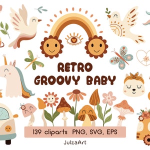 Retro Baby Clipart, Groovy svg, Retro Flower Power, Boho Hippie Tiere png, Groovy Geburtstag Dekor, digitaler Download, kommerzielle Nutzung