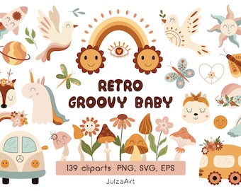 Retro baby clipart, Groovy svg, Retro flower power, Boho hippie animals png, Groovy birthday decor, Digital download, Commercial use