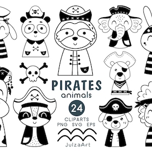 May include: Black and white illustrations of 10 different animals dressed as pirates. The animals include a giraffe, raccoon, elephant, bunny, sloth, panda, dog, and lion. The text "PIRATES ANIMALS 24 CLIPARTS PNG SVG EPS JulzaArt" is at the bottom of the image.
