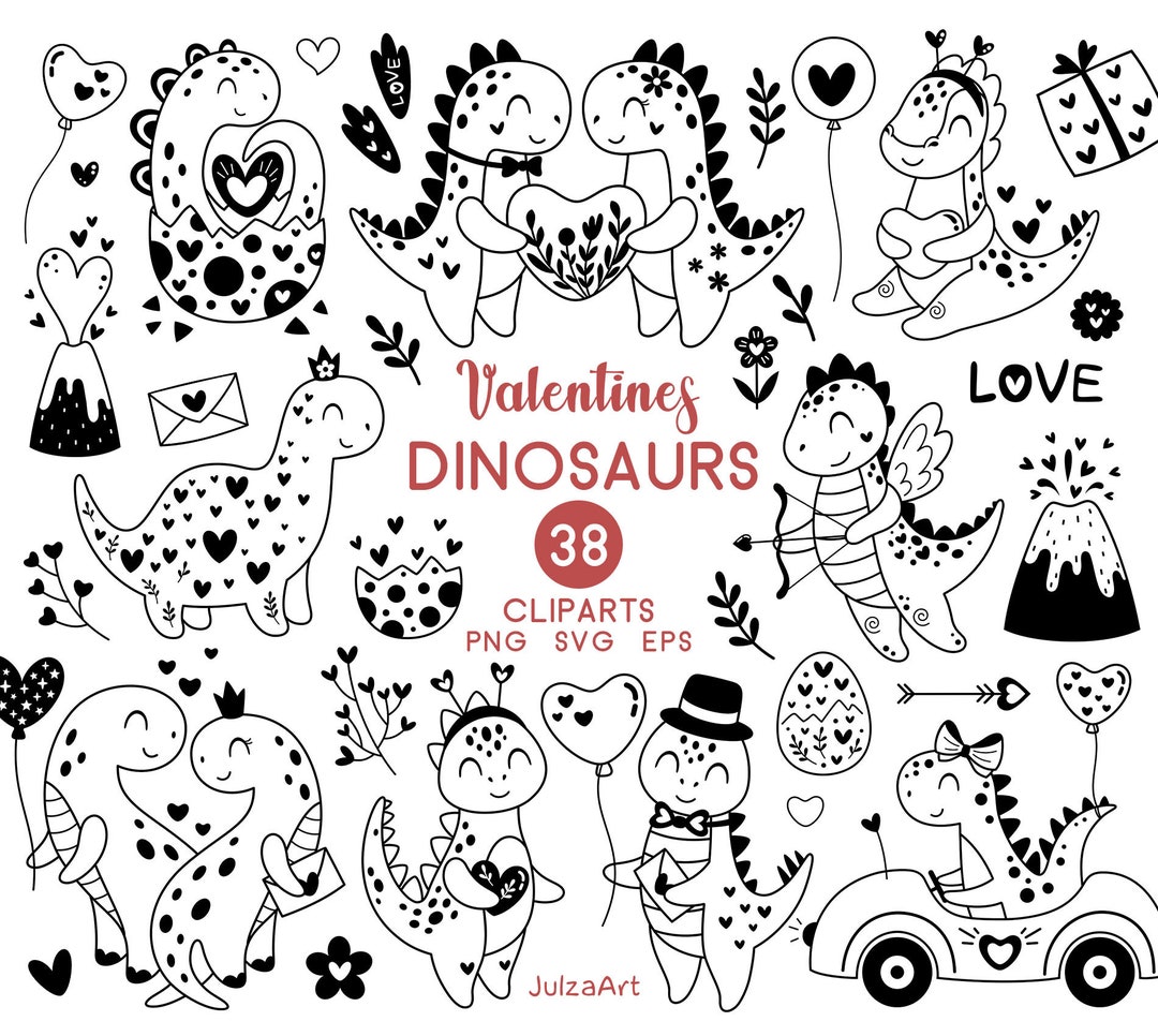 Dinosaur Valentine Clipart: Happy Valentines Day SVG, Love PNG, Black ...