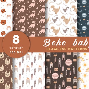Patrón sin costuras de bebé boho, papel digital de animales, baby shower, patrón boho, impresiones para guardería, descarga digital, uso comercial