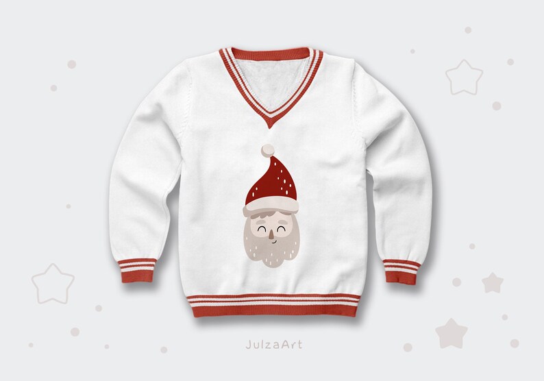 Puede incluir: Jersey blanco con cuello y pu&ntilde;os de rayas rojas y blancas. El jersey presenta una cara de Pap&aacute; Noel de dibujos animados con un gorro rojo y una barba blanca.