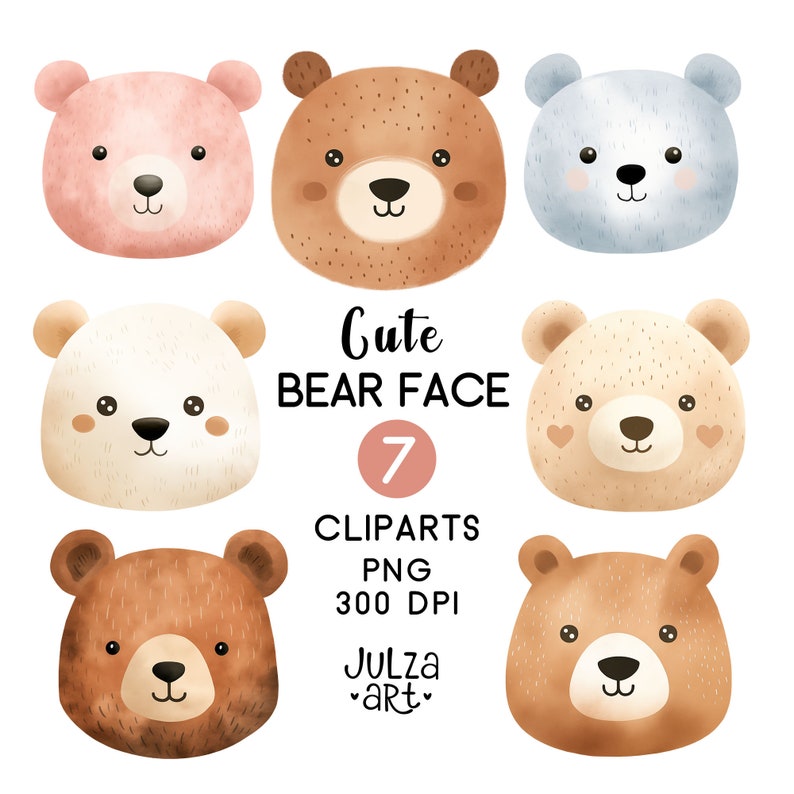 May include: A collection of seven watercolor bear face cliparts in various colors, including pink, brown, and blue. The image includes the text "Cute Bear Face" and details about the cliparts, such as "7 Cliparts" and "PNG 300 DPI".