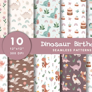 Patrón sin costuras de cumpleaños de dinosaurio, papel digital de feliz cumpleaños, impresión de cumpleañera, baby shower, descarga digital, uso comercial