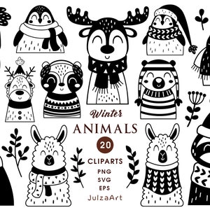 Inverno animale svg Natale animale clipart Natale clipart Buon Natale svg Inverno clipart Animale in bianco e nero png Download digitale