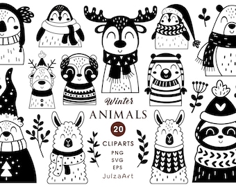 Winter animal svg Christmas animal clipart Christmas clipart Merry Christmas svg Winter clipart Black and white animal png Digital download