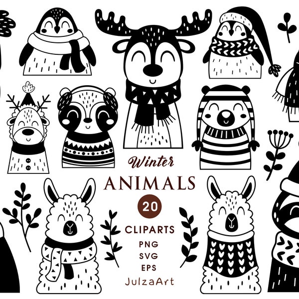 SVG de animales de invierno, imágenes prediseñadas de animales navideños, imágenes prediseñadas de Feliz Navidad en formato SVG, imágenes prediseñadas de invierno, imágenes prediseñadas de animales en blanco y negro en formato PNG. Descarga digital.