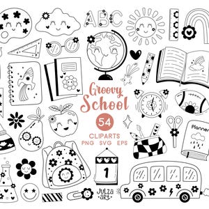 Volta às aulas svg, Clipart retrô da escola, PNG da escola Groovy, Material escolar preto e branco svg, Clipart de educação, Doodle da escola preta