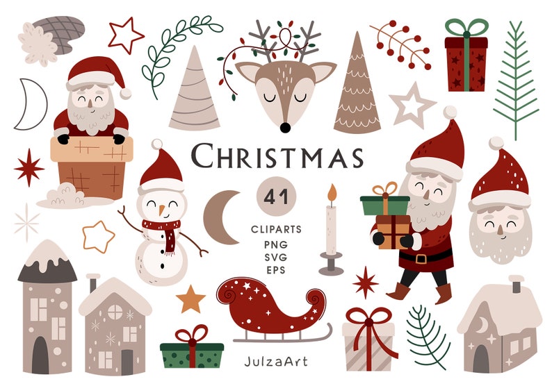 Puede incluir: Un conjunto de 41 ilustraciones de Navidad en clipart en un estilo moderno y minimalista. Las ilustraciones incluyen a Pap&aacute; Noel, un mu&ntilde;eco de nieve, un reno, un &aacute;rbol de Navidad, una casa, una estrella, un regalo, una vela, un trineo y una luna. Las ilustraciones est&aacute;n en una variedad de colores, incluyendo rojo, verde, marr&oacute;n y blanco.