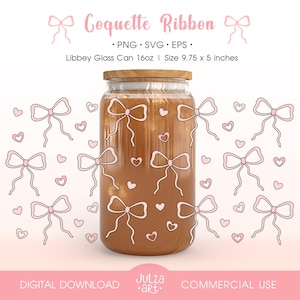 Coquette Ribbon 16oz Libbey Glass Can Wrap PNG, Pink Bows and Hearts Libby Wrap SVG, Coquette Love Ribbon Aesthetic Coffee Cup Wrap Design