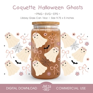 Halloween Ghost Coquette Bow 16oz Libbey Glass Can Wrap png Coquette Halloween Cup Wrap svg Spooky Season UV DTF Wrap Sublimation Design