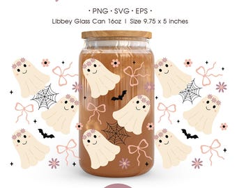 Coquette Ghost & Bow Libbey Can Wrap: Girly Halloween Sublimation Design (PNG SVG- Digital Download)
