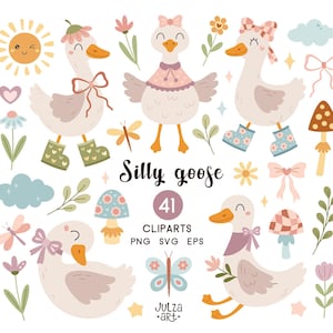Könnte beinhalten: Ein Set mit 41 lustigen Gänse-Clipart-Illustrationen im verspielten Stil. Die Illustrationen zeigen Gänse mit verschiedenen Gesichtsausdrücken und Accessoires, darunter Blumen, Pilze, Schmetterlinge und Herzen. Der Text "Silly Goose 41 Cliparts PNG SVG EPS" ist im Bild enthalten.