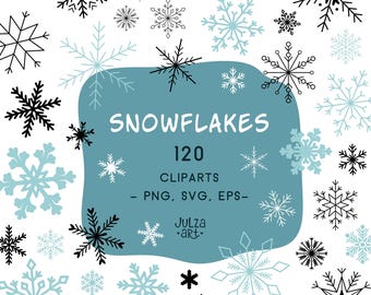Może przedstawiać: Zestaw 120 clipartów płatków śniegu w kolorze czarnym i jasnoniebieskim, ze słowem "SNOWFLAKES" w białym tekście na tle w kolorze morskim. Kliparty są w formatach PNG, SVG i EPS.