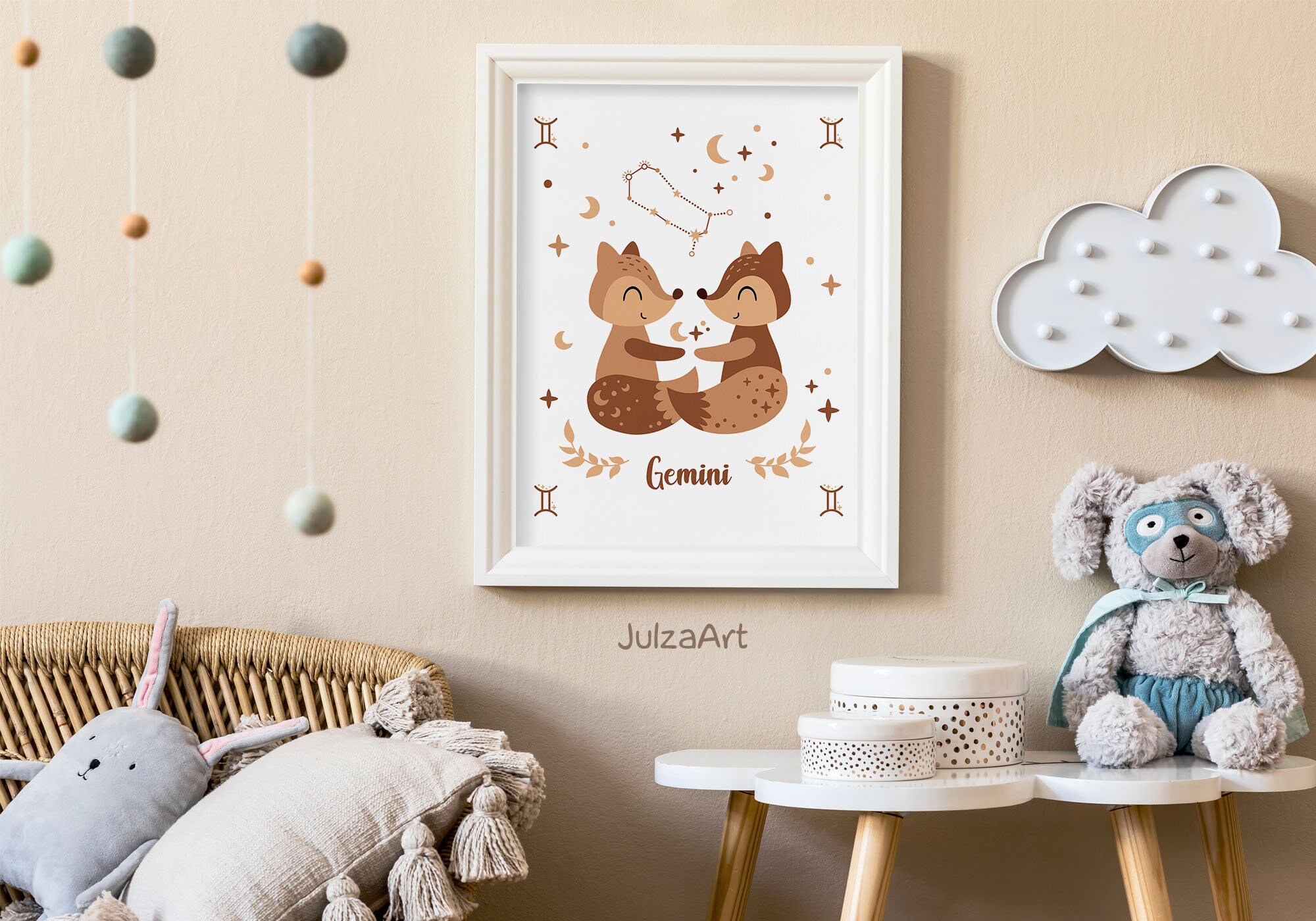 Gemini Zodiac Poster Printable: Boho Star Sign Print, Zodiac Baby ...