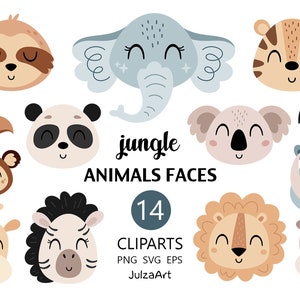 Imágenes prediseñadas de animales, caras de animales de safari svg, animales de la jungla png, cabeza de animal tropical svg, impresión de guardería, descarga digital, uso comercial