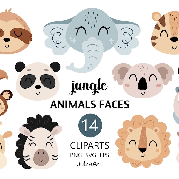 Animal clipart, Safari animals faces svg, Jungle animals png, Tropical animal head svg, Nursery print, Digital download, Commercial use