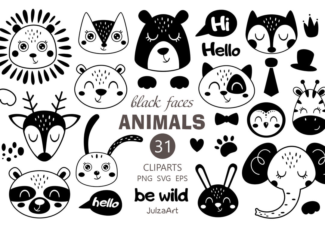 Cute Animals Svg, Black and White Animal Faces Clipart, Woodland