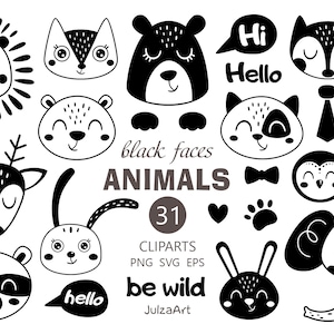 Animais fofos svg, clipart de rostos de animais em preto e branco, animais da floresta png, chá de bebê, vetor, download digital, uso comercial