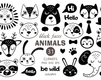 Cute animals svg, Black and white animal faces clipart, Woodland animals png, Baby shower, Vector, Digital download, Commercial use