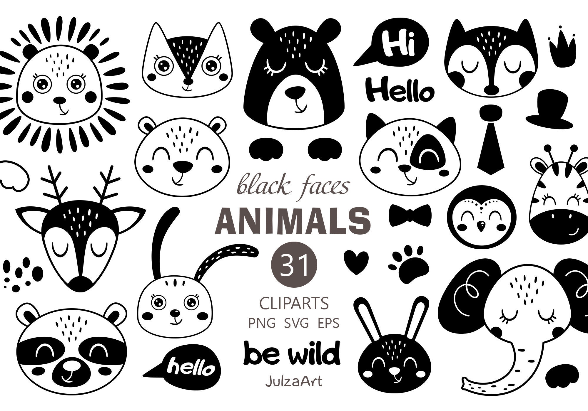 Cute Animals Svg Black and White Animal Faces Clipart - Etsy Cute Animals Svg Black and White Animal Faces Clipart - Etsy