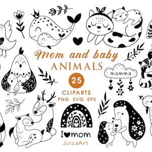 Animal clipart, Dia das mães svg, Feliz dia das mães png, Animais da floresta em preto e branco svg, Mãe e bebê, Download digital, Uso comercial