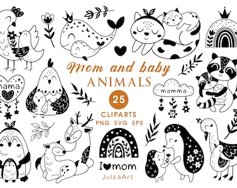 May include: A set of 25 black and white illustrations of mom and baby animals. The illustrations include a whale, a cat, a raccoon, a deer, a hedgehog, a bird, a chicken, and a rainbow. The text "Mom and baby ANIMALS" and "25 CLIPARTS PNG SVG EPS" is included in the image.