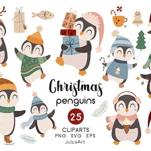 Pingüinos navideños svg, clipart navideño, lindo pingüino png, svg de vacaciones, clipart de invierno, descarga digital, uso comercial