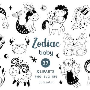 Zodíaco svg, clipart de signos negros do zodíaco, horóscopo fofo para berçário para impressão, clipart de bebê escandinavo, download digital, uso comercial