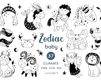 Zodiac svg, Black zodiac signs clipart, Cute horoscope for nursery printable, Scandinavian baby clip art, Digital download, Commercial use