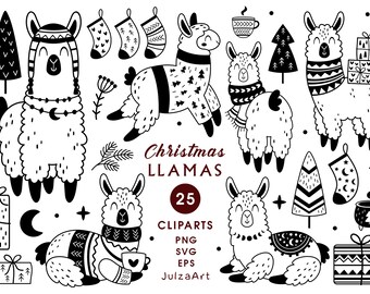 Christmas Llama Clipart: Black and White Winter Animal SVG, Christmas Tree PNG, Holiday Doodle