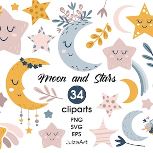 May include: A set of 34 digital clipart images featuring moons and stars in various colors and designs. The images include yellow, blue, pink, and white moons and stars with smiling faces. The text "Moon and Stars" and "34 clipart" is included in the image.