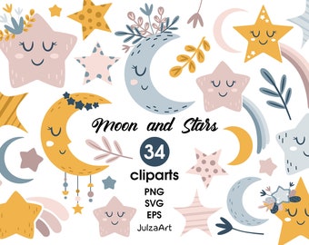 Moon svg, Star svg, Celestial svg, Scandinavian Moon and star clipart, Sweet dreams, Baby shower, Vector, Digital download, Commercial Use