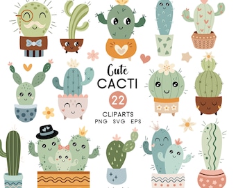 May include: A set of 22 cute cactus clipart illustrations in various colors and styles. The cacti are drawn in a cartoon style with smiling faces and different pot designs. The text "Cute Cacti 22 Clipart PNG SVG EPS" is included in the image.