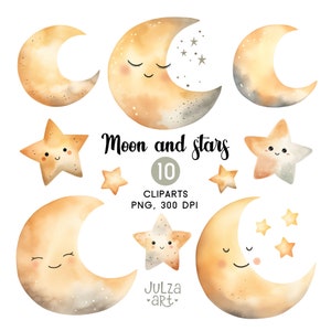 Clipart de luna en acuarela Clipart de estrella en acuarela Luna PNG Estrella PNG Linda impresión de luna y estrellas Clipart celestial Baby shower Descarga digital