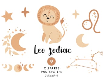 Leo Zodiac Clipart: Star Zodiac Sign SVG, Kids Celestial Horoscope PNG, Boho Baby Shower