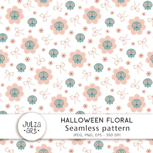 Puede incluir: Un patrón floral de Halloween sin costuras sobre un fondo blanco. El diseño presenta flores rosas con centros de calaveras, calaveras verde azulado, pequeñas flores rosas y lazos rosas. También está presente el texto "HALLOWEEN FLORAL Seamless pattern".