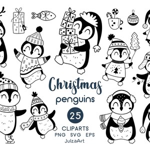 Pingüinos navideños svg, Clipart de Navidad, Pingüino blanco y negro png, Svg de vacaciones, Clipart de invierno, Descarga digital, Uso comercial
