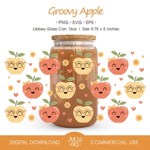 Avvolgimento di una lattina di vetro Libbey da 16 once con mela alla moda png Retro Fruit Libby Wrap SVG Tazza da caffè freddo estiva Avvolgimento di una mela carina png Design a sublimazione