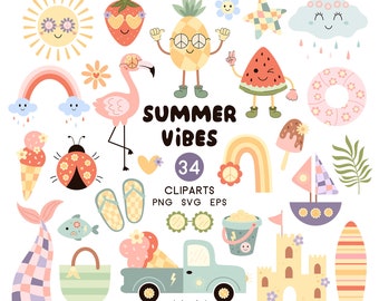 Retro Sommer Clipart: Groovy Beach Vibes, Hallo Sommer PNG, SVG - Digital Download